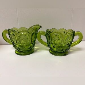 Vintage LE Smith Moon and Stars Green Glass Sugar Bowl and Creamer Set